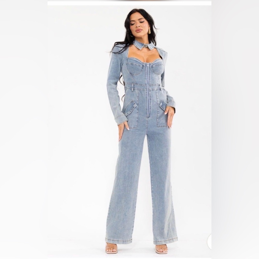Hot & Delicious Light Blue Denim Corset Jumpsuit with Wide-Leg Jeans